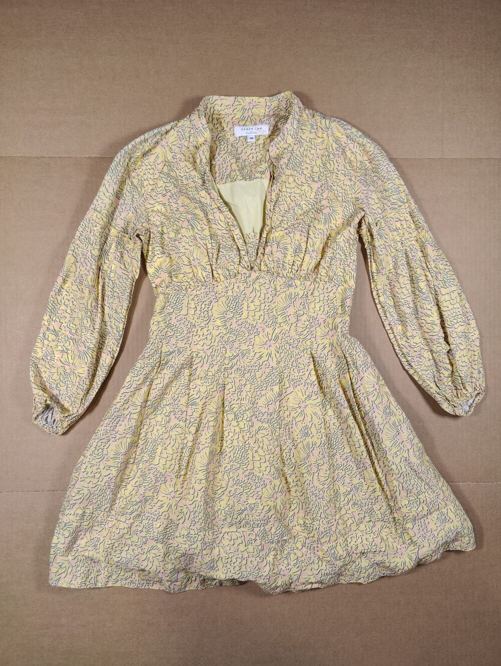 Derek Lam Yellow 100% Cotton Floral Balloon Sleeve Mini Dress Sz 36 (~S) Pockets